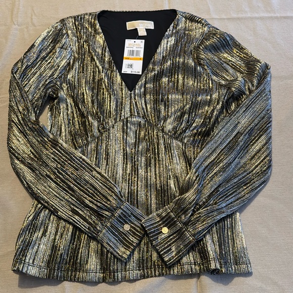MICHAEL Michael Kors Stripe Foil Metallic V-Neck Long Sleeve Top size Small - Picture 3 of 5